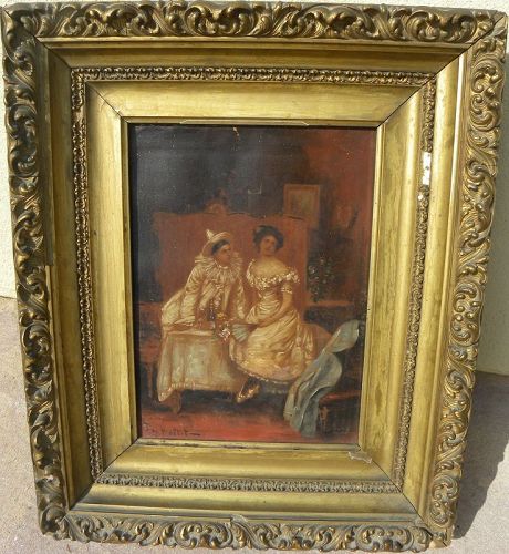 French antique 19th century signed painting costumed pierrot and lady