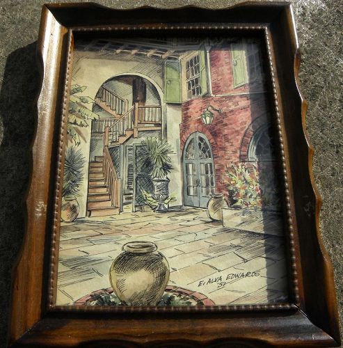 New Orleans 1951 watercolor Brulatour Courtyard signed E A Edwards
