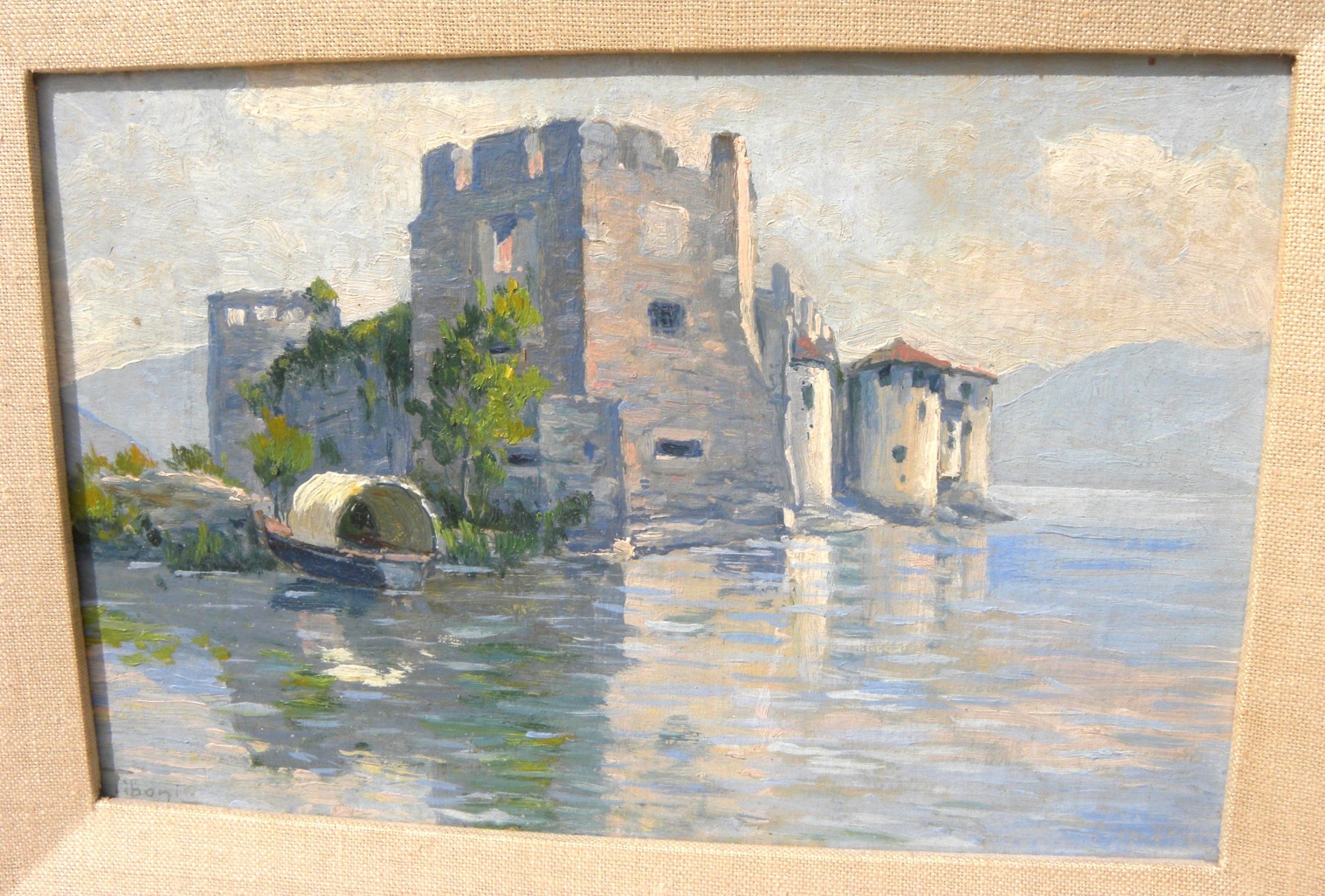 Italian impressionist painting seaside castle signed TIBONI mid cent
