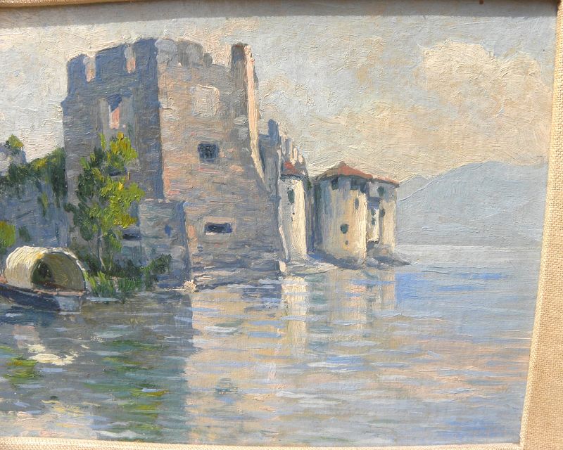 Italian impressionist painting seaside castle signed TIBONI mid cent