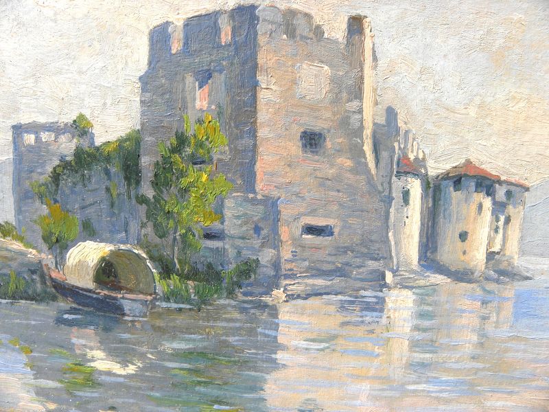 Italian impressionist painting seaside castle signed TIBONI mid cent