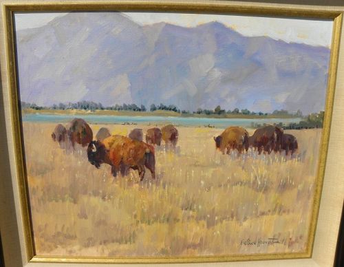 FELICE HROVAT western American painting bison in landscape listed art