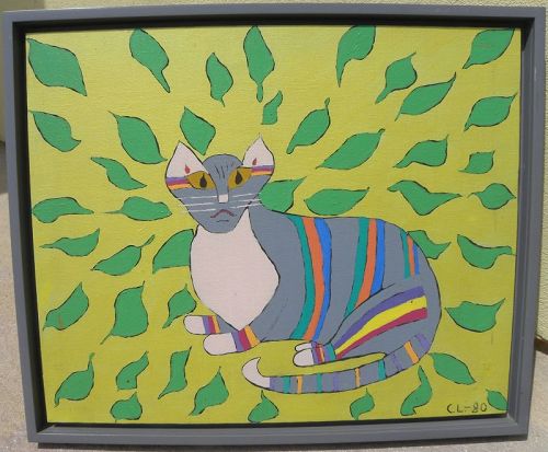 Contemporary colorful whimsical vintage painting of a cat signed