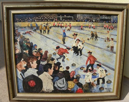 Vintage Canadian painting of curling rink in semi-naive style signed