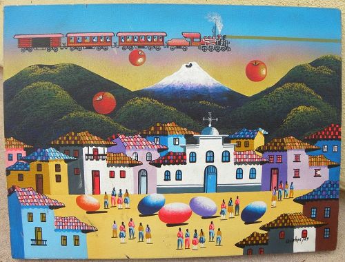 Peruvian contemporary colorful naive style painting signed QUISHPE