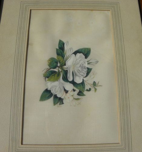 American antique 19th century folk art watercolor still life roses