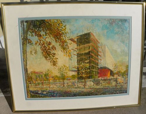 1978 Mid Century Modern architecture painting signed Jan Bazanowski