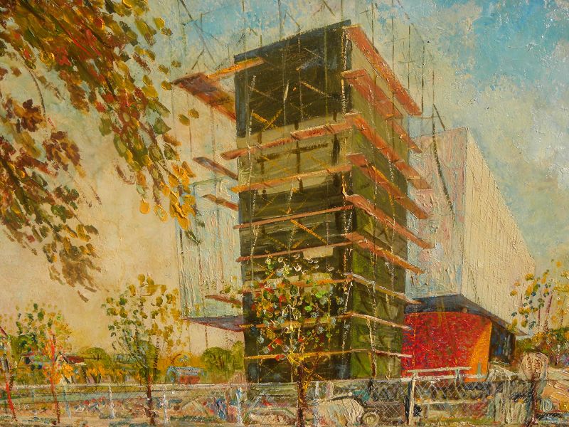 1978 Mid Century Modern architecture painting signed Jan Bazanowski