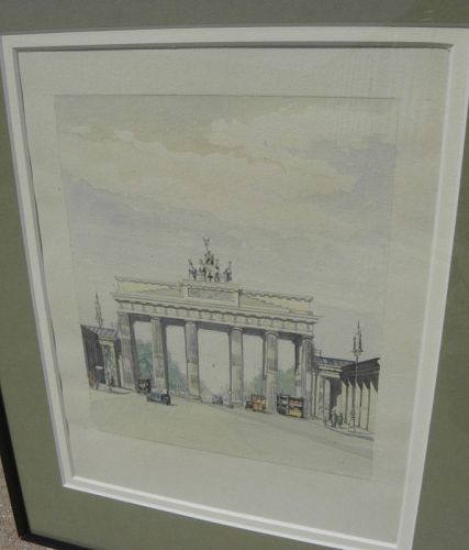 Berlin Germany Brandenburg Gate early watercolor painting circa 1940