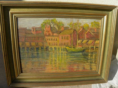 Impressionist American vintage painting of a harbor circa 1950