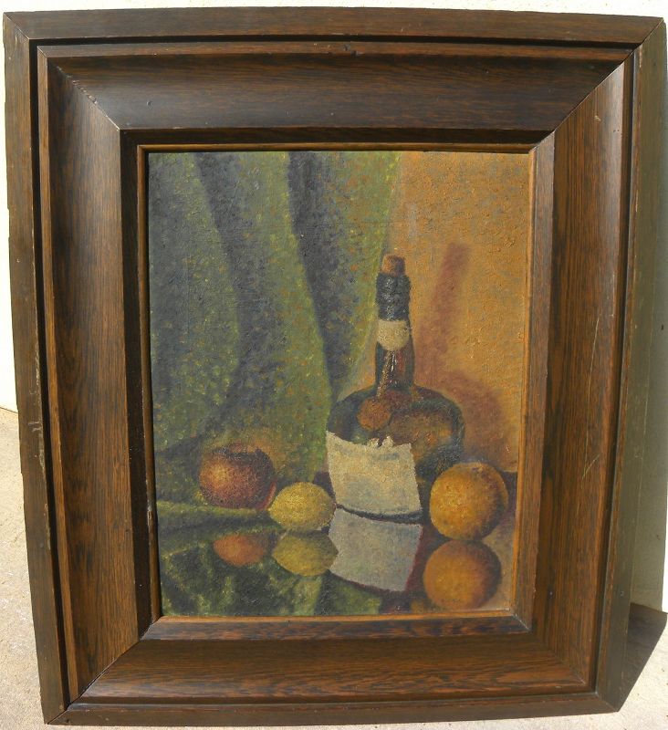 Impressionist vintage signed still life painting in solid oak frame