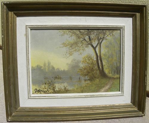 Impressionist rural peaceful landscape painting path by a lake signed
