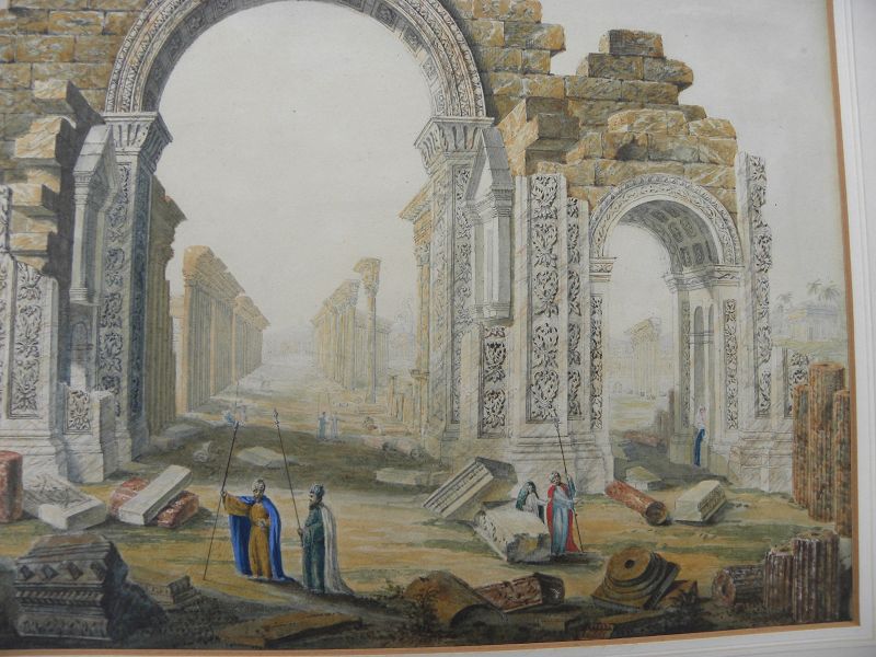 Mid 19th century watercolor painting Palmyra Syria archaeological site