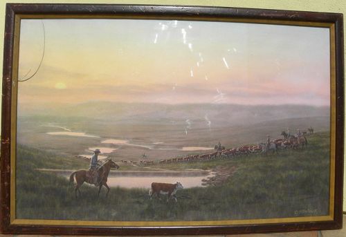 TOM PHILLIPS 1927-2005 large Western American drawing cowboys horses