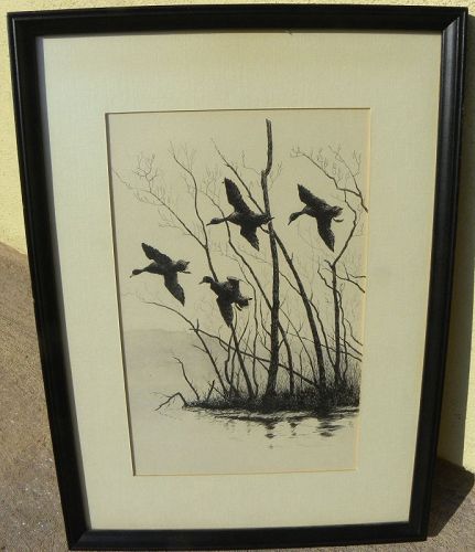 Antique ink drawing ducks in flight signed