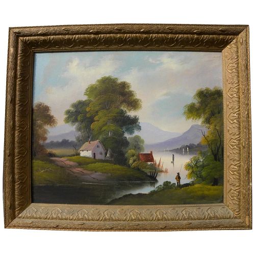 Hudson River School folk art naive landscape painting