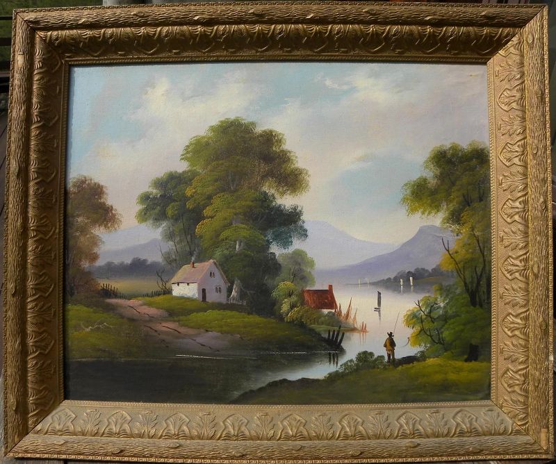 Hudson River School folk art naive landscape painting