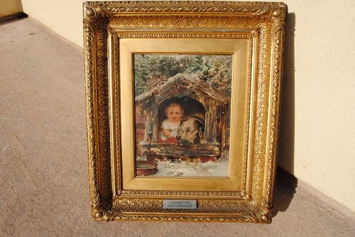 Antique dog painting mastiff signed JH Sharp 1879 gold frame