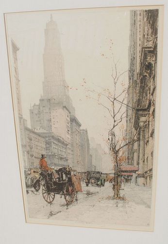 Luigi Kasimir 1881-1962 New York Park Avenue scarce color etching