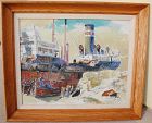 American 1930 marine painting ship at dock by artist R C Harrington
