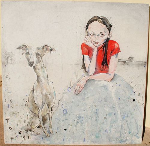 Ben Tour  b.1977 contemporary painting girl & dog Canadian artist