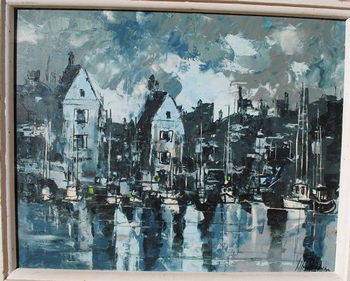 Impressionist mid century painting of a harbor 1965