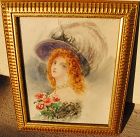 Antique 1910 watercolor young woman in feathered hat