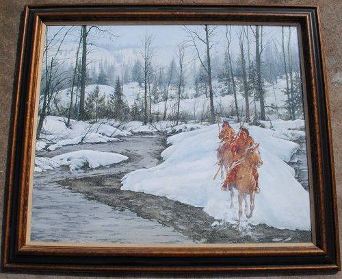 Native Americans horseback winter painting by Anthony Sinclair b1943