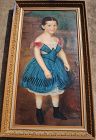 Antique ca. 1875 painting girl blue dress French or American