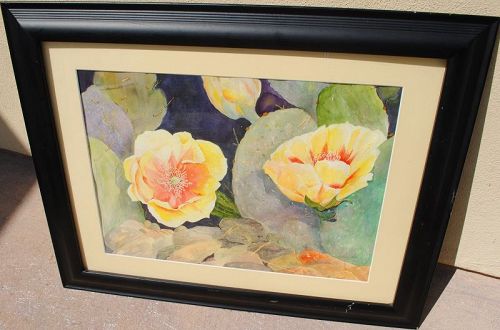 Contemporary Southwest watercolor painting of flowering cactus signed