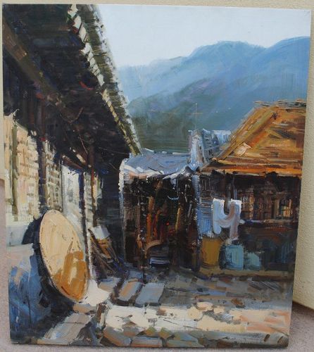 Chinese contemporary impressionist painting courtyard & architecture