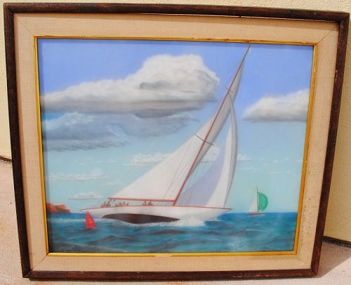 American marine art vintage pastel drawing sail boat off coast signed