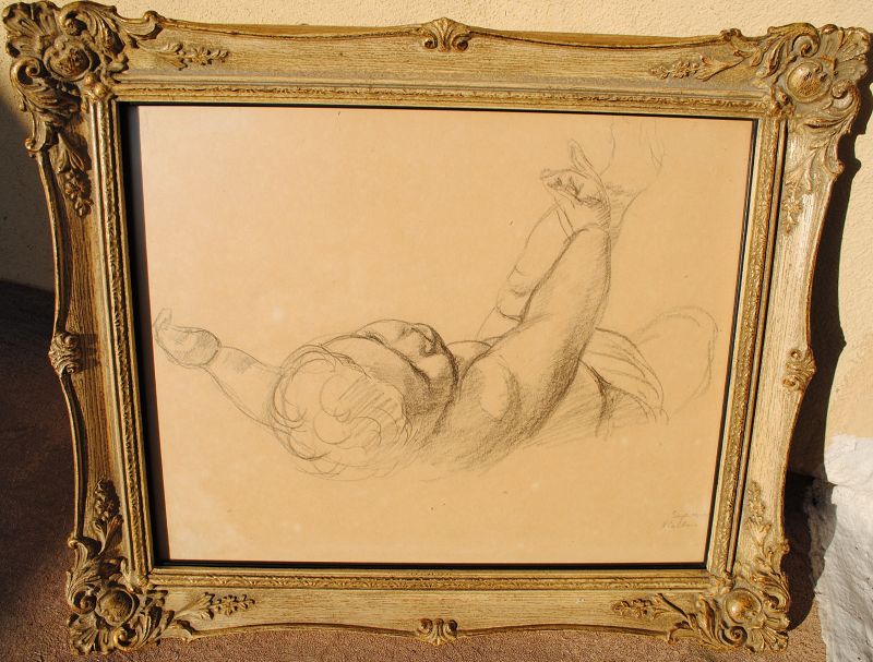 Vintage charcoal signed artistic 1953 drawing of an infant