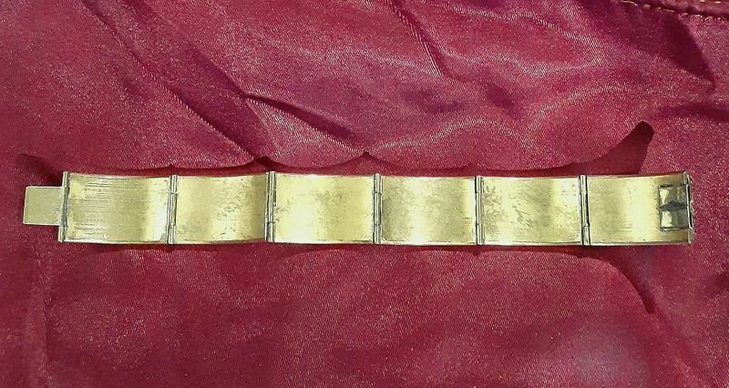 Vintage Hinged Panel Bracelet Needlepoint Flower Set in Brass UNUSUAL