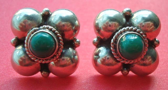 Vintage Sterling Mexico Jade Earrings all Hallmarks circa 1940's