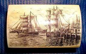 Small Scrimshaw Ivory Box Clipper Ships Artist Signed