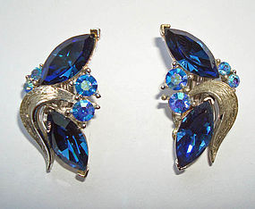 Blue Crystal Earrings in Silvertone Signed LISNER
