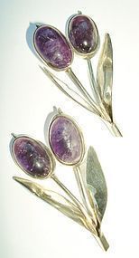 Vintage Taxco Mexico Sterling Silver Amethyst Earrings Floral Design