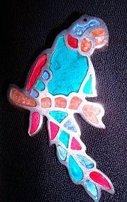 Mexico Silver Signed Alia Parrot Colorful Brooch like stained glass