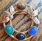 Lovely Vintage Scarab Brooch Colorful Semiprecious Stones Maker's Mark