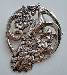 Vintage Sterling Silver Peacock Brooch by Uncas Mfg. Co. circa 1940's