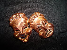 Renior Vintage Comedy and Tragedy Theatre Mask Copper Brooch Signed
