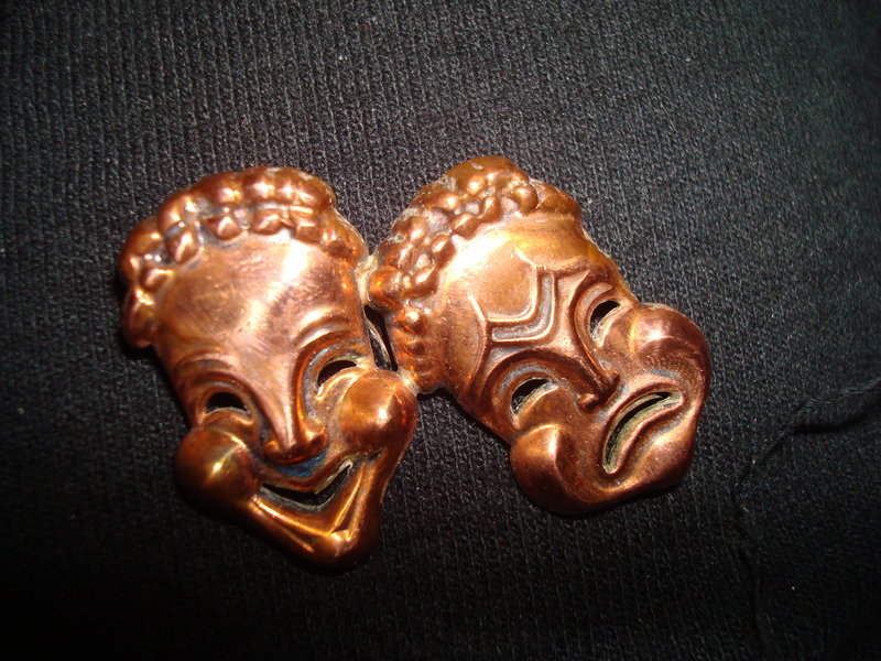 Renior Vintage Comedy and Tragedy Theatre Mask Copper Brooch Signed