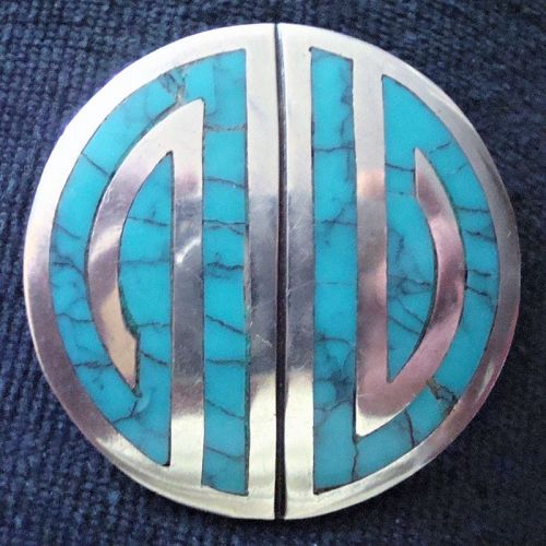 Vintage Taxco Mexico Sterling Turquoise Mosaic Inlay Pin and Pendant