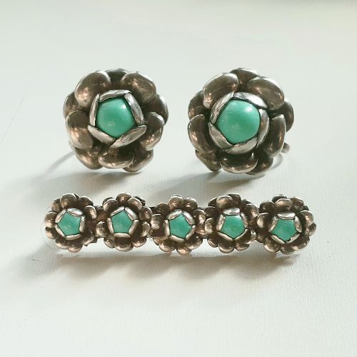 Vintage Mexico Silver Turquoise Flower Earrings and Brooch Set