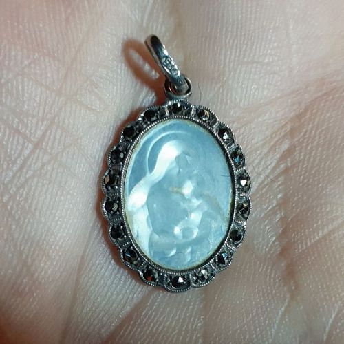 Vintage Silver Pearl Cameo Mother and Child Pendant Marcasite Border