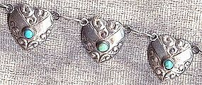 Heart Link Necklace MEXICO SILVER Turquoise 1940’s