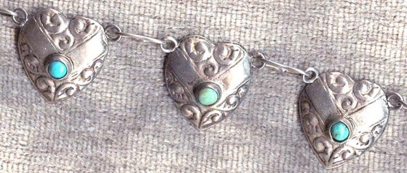 Heart Link Necklace MEXICO SILVER Turquoise 1940’s