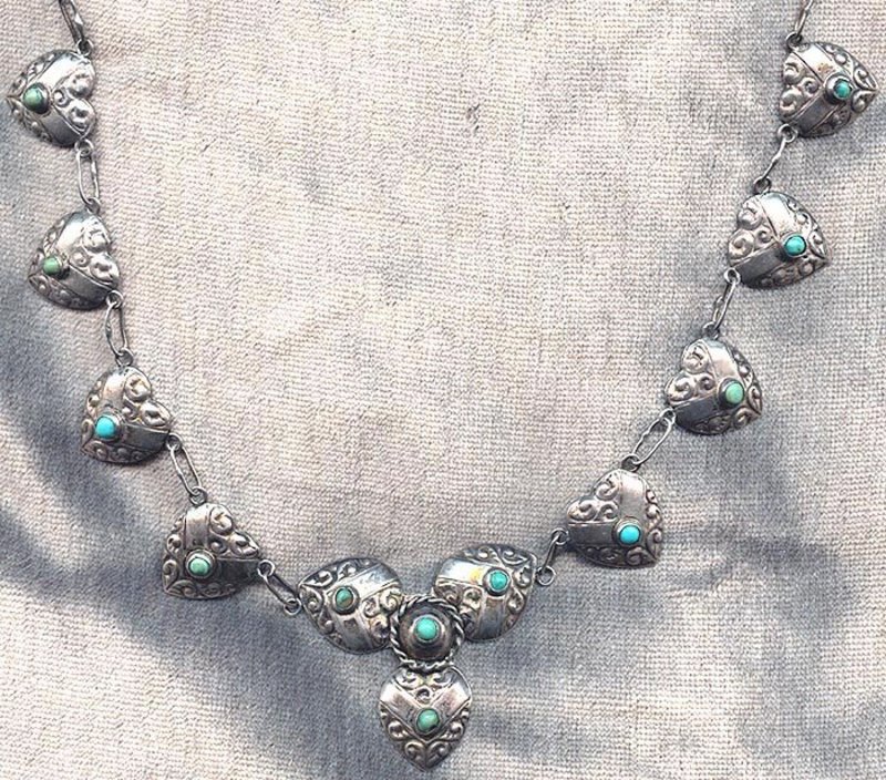 Heart Link Necklace MEXICO SILVER Turquoise 1940’s