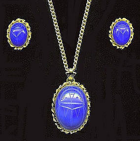 Vintage Silver 14K Gold Cobalt Blue Gem Stone Set Earrings and Pendant